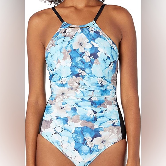 CALVIN KLEIN modest women’s one piece high neck ruched tummy swimsuit size 12 - Picture 1 of 8